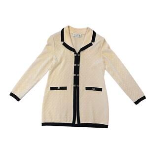 St. John Collection By Marie Gray Vintage Zip Cardigan Jacket Cream Black Sz 6